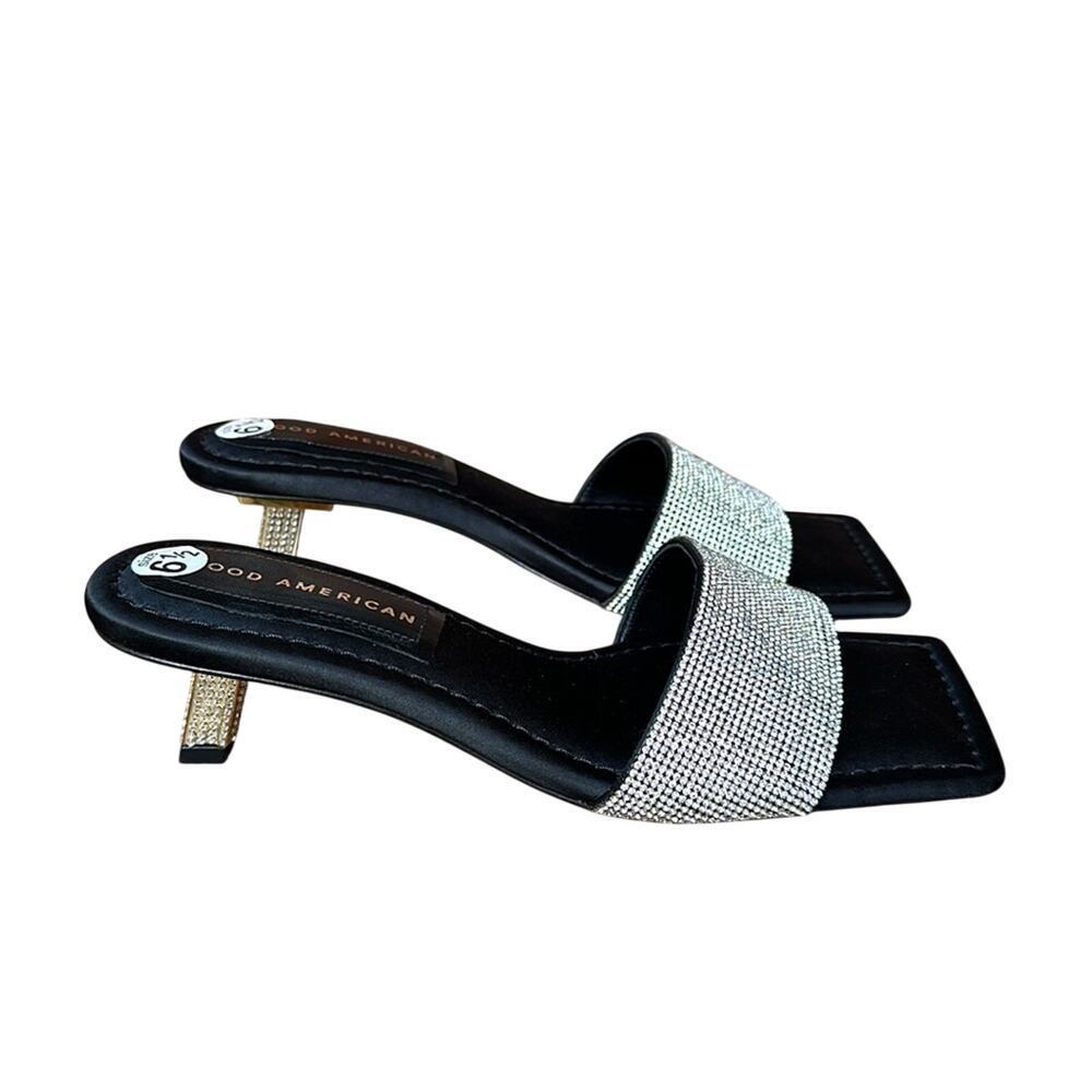 Good American Black Diamond Kickstand Slide Kitten Heel Rhinestone Sandal 6.5